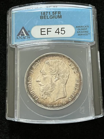 1871 Belgium 5 Francs Silver Coin ANACS EF-45 XF-45 Cover