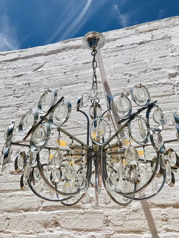 29" LARGE Mid Century Chandelier, 8 Lights, Silver, Chrome, Geometric, Antique Cover