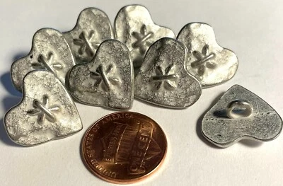 8 Antique Silver Tone Metal Shank Heart Buttons White Accent 11/16" 18mm 12802 - Image 1 of 2