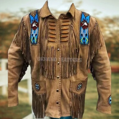 Western Suede Leather Jacket for Men – Native American Style with Fringes & Bead - Image 1 of 3