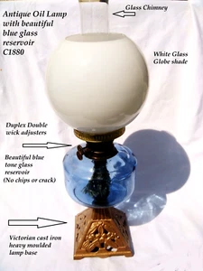 Victorian oil lamp blue glass reservoir ,duplex wick burner, chimney & shade - Picture 1 of 10
