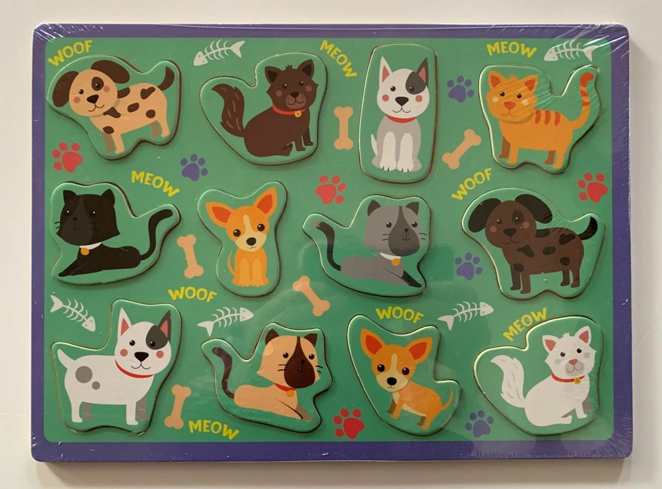 Puzzle per cani e gatti in legno multicolore 12 pezzi bambini dai 2 anni in su - Immagine 1 di 2