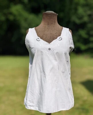 ITALIAN EDWARDIAN WHITE LINEN CAMISOLE TOP W EMBROIDERY - Image 1 of 4