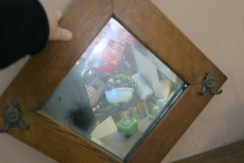Vintage Antique American Mirror Rustic Shabby Carved  Wood Frame 10"x10" + Hooks Cover