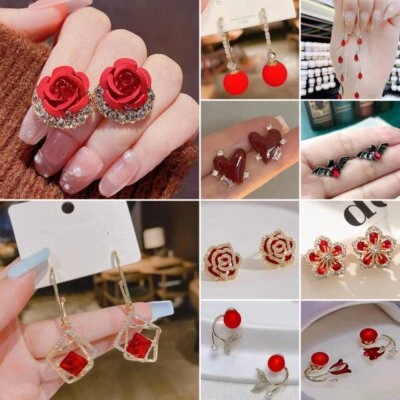 Elegant Red Pearl Cubic CZ Zircon Ear Earrings Stud Drop Dangle Women Jewellery - Image 1 of 4