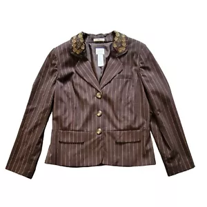 Vintage Emma James Womens Size 16 Brown Striped Embelished Blazer Stretch Jacket - Picture 1 of 8