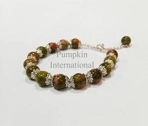 Pulsera de plata de ley 925 con cuentas redondas de unakita natural - Imagen 1 de 5