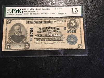National Bank note Greenville South Carolina PMG 15 fine not on the market often - Image 1 of 2