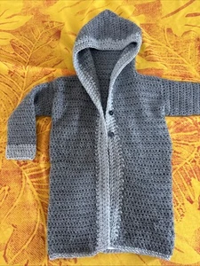 Stunning Hand knitted 100% Wool Kids Long Cardigan Hood Size 2 ? Grey Neverworn - Picture 1 of 11