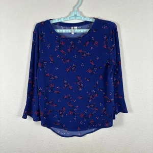 Elle Womens T Shirt Sz S Small Blue Long Sleeve Floral Soft Blouse Excellent - Picture 1 of 7