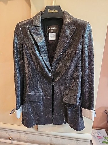 Giacca Chanel paillettes nere con polsini panna Made in France taglia 36