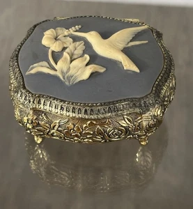 Vintage Westland Stein Kolibri Blumen blau Schmuckkästchen - Bild 1 von 9