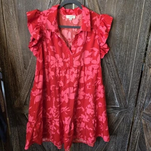 Umgee + USA Kleid Damen Gr. 2XL rot & rosa Blumen Empire Taille Rüschenärmel - Bild 1 von 10