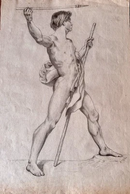 Dessin Ancien Au Crayon Homme Nu A La Lance Et Au Bâton - Photo 1/4
