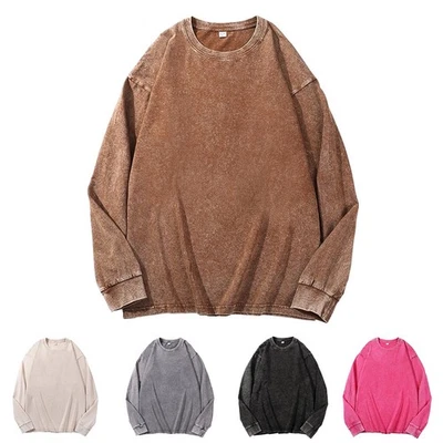 Casual Men Unisex Washed Cotton Sweatshirt Long Sleeve Loose Fit Pullover - Image 1 of 4