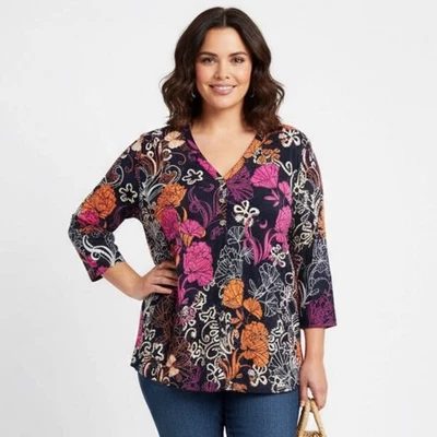 Chicos XXL Floral Print Button V-Neck 3/4 Sleeve Blouse Top Navy Pink Orange - Image 1 of 4