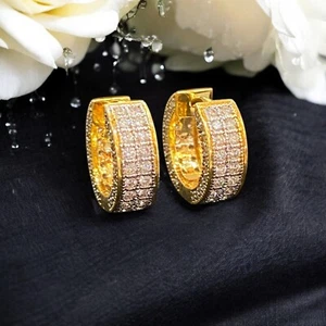 Pave 1.80 Cts Round Brilliant Cut Diamonds Petite Hoop Earrings 14ct Yellow Gold - Picture 1 of 15