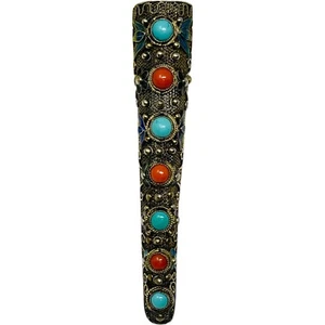 Vintage Chinese Silver 925 Coral Turquoise Filigree Brooch Pin Finger Guard - Picture 1 of 9