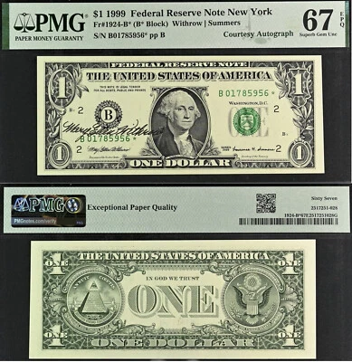1999 $1 FRN New York PMG 67EPQ Top Top Finest - Treasurer Withrow Autograph Star - Image 1 of 4