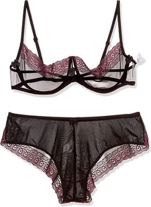 2 PC Sexy Sheer Open Cup Bra & Hipster Panty Anais Apparel Simone Black Purple - Picture 1 of 5