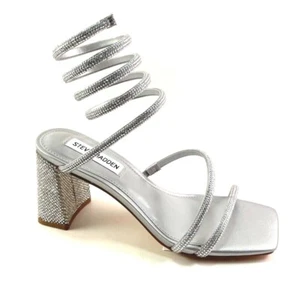 Steve Madden Lopez Silver Rhinestone Mid Heel Strappy Ankle Wrap Dress Sandal - Picture 1 of 8
