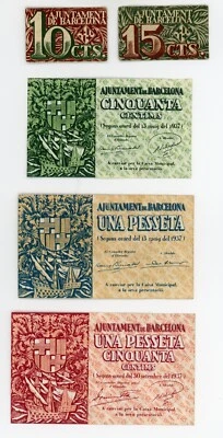 Spain España Civil War Barcelona 10 ,15, 50 Centims 1, 1,50 Pesetas 1937 aUNC  - Image 1 of 2