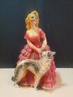 Vintage Chalkware Lady in Red Dress with Dog Figurine / 10 1/2"