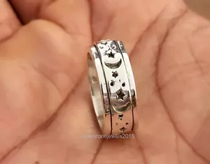 Moon and Star Spinner Ring – 925 Sterling Silver Yellow Gold for Women and Men - Picture 1 of 10