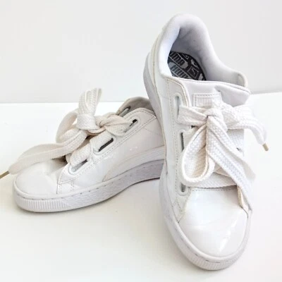 🍀Puma Basket Faux Leather Gloss White Gold Trainers 363073 02 Size UK 5 - Image 1 of 4