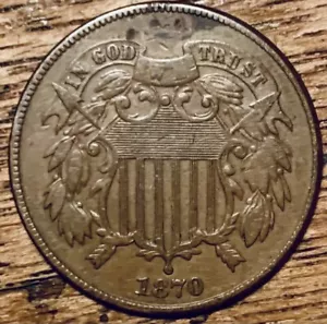 1870 ORIGINAL TWO CENT PIECE CHOCOLATE BROWN CHOICE VF - Picture 1 of 4