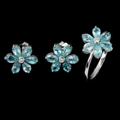 Set in argento sterling 925 apatite blu pera 5x3 mm zirconi fiore gemma gioielli - Immagine 1 di 4