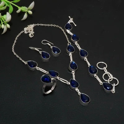 Hermoso conjunto de joyas hechas a mano con piedras preciosas de pera de plata de ley 925 de iolita AAB 202 Foto 1 de 4