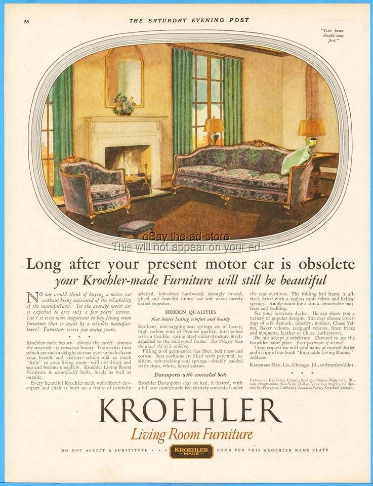Vintage 1927 KROEHLER Couch Chair Living Room Furniture Art Décor 20's Print Ad - Image 1 of 1