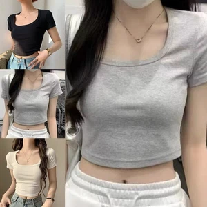 Fashionable Women Slim U Neck Short Sleeve Crop Top for Summer Activities - Picture 1 of 16