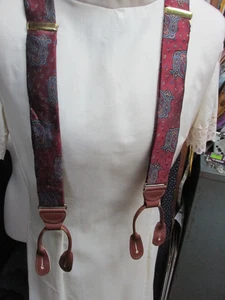 ""BURGUNDY WITH NAVY PAISLEY - SILK SUSPENDERS, BRACES"" - LEATHER BUTTON ENDS - Picture 1 of 3