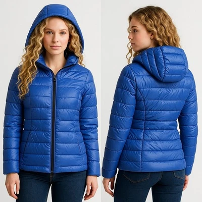 Chaqueta acolchada de plumón para mujer Soia & Kyo azul con capucha ligera talla S/P F266 Foto 1 de 4