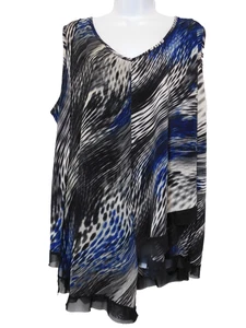 Roz & Ali Tank Top 2X Chiffon Striped Animal Print Asymmetrical Tan Blue Brown - Picture 1 of 7