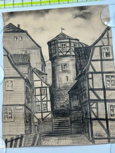 Antique WW2 Art Pencil Drawing 1945 Lauterback Germany Ankerturm Signed W Becht - Picture 1 of 18