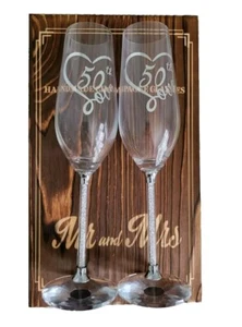 50. Jahrestag Hochzeitsgeschenke 2 Silber Champagner Flöten Glas Holz Geschenkbox - Bild 1 von 10