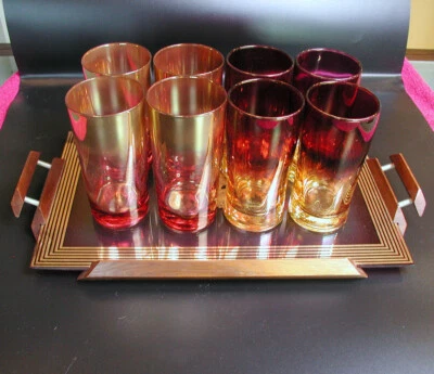 MCM (Roses Ruby & Gold) WOOD & GLASS SERVING TRAY WITH EIGHT 5 1/2" TUMBLERS - Image 1 of 4