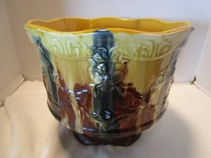 Vintage Blended Majolica Glazed Art Nouveau Jardinière 4-lions heads 10.75" w - Picture 1 of 19