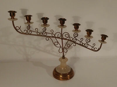 Bougeoir chandelier candélabre ancien baroque laiton et albâtre 7 bougies - Photo 1/4