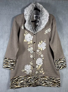 Storybook Strick Damen Pullover Mantel Fellbesatz Tiger Print Gr. 1X Rosen braun - Bild 1 von 9