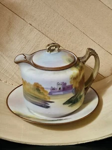 Antique Single Serving Nippon Teapot, Moriage Handle, Scene Castle - Picture 1 of 9