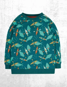 Ex Frugi Boy's LS Rex Printed Sweatshirt in Teal/Sharking Around (A Bit Defect) - Picture 1 of 5