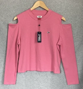NEW Tommy Jeans Women's Sz XL Cold-Shoulder Long-Sleeve T-Shirt Peony Pink - Picture 1 of 9
