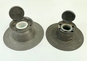 Antique 19th C. Pair Pewter Inkwells English Nautical Bases - Picture 1 of 12