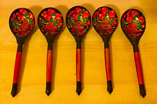 Vintage Russian Khokhloma Spoons Russia Lacquer Hand Painted Wood Set of 5