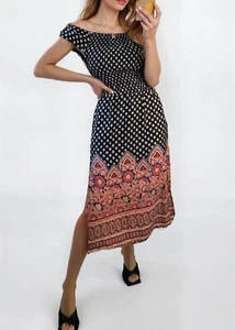 Bardot Midi Dress Short Sleeves & Pockets Black with Mix Print - S UK 8-10 - Picture 1 of 5