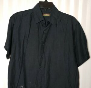 Cubavera Mens Sz M Button Front Shirt Black Embroidered Short Sleeve Rayon Blend